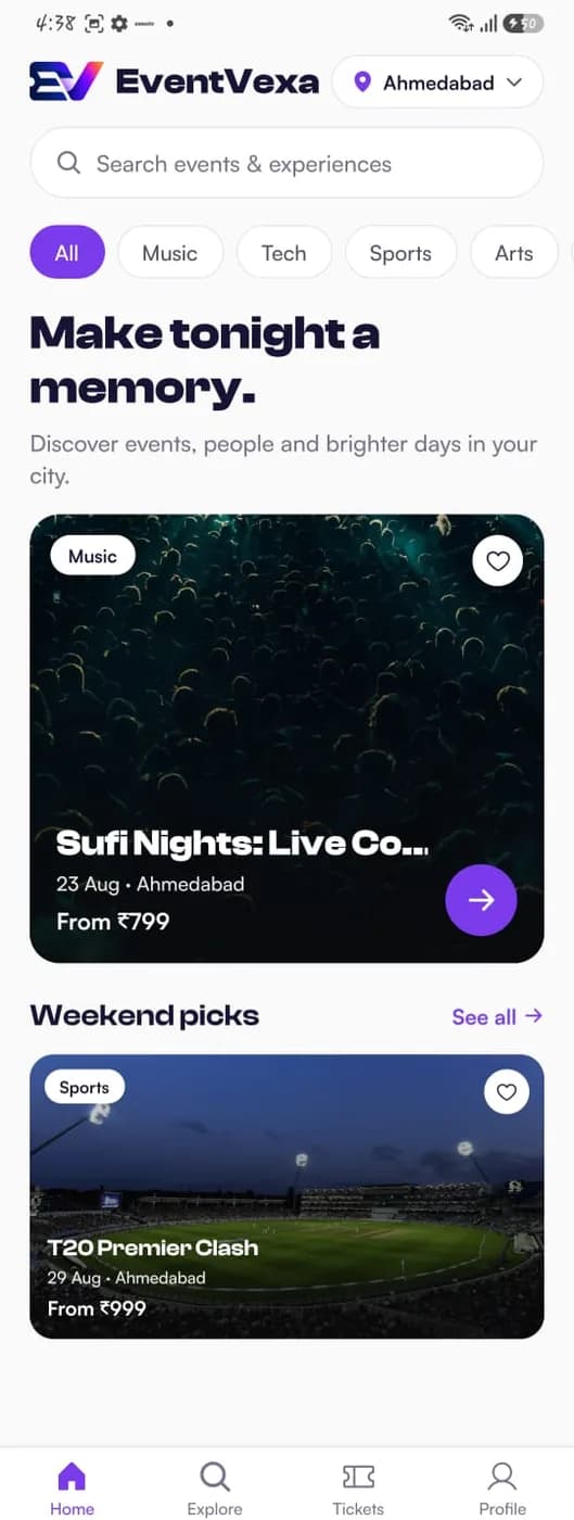 EventVexa Android app home with city picker, categories and event cards