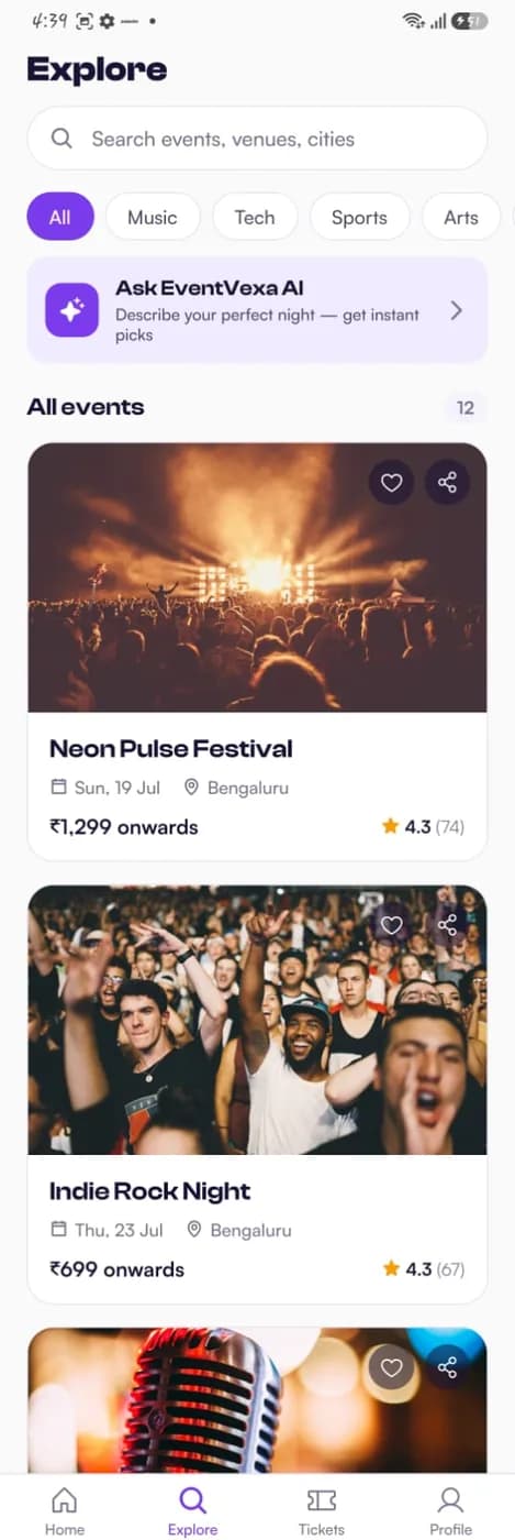 Explore screen with search, category chips and Ask EventVexa AI
