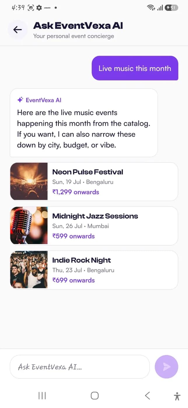 Ask EventVexa AI chat recommending live music events