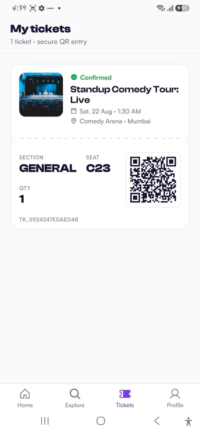 My tickets screen with confirmed booking, seat and secure QR entry