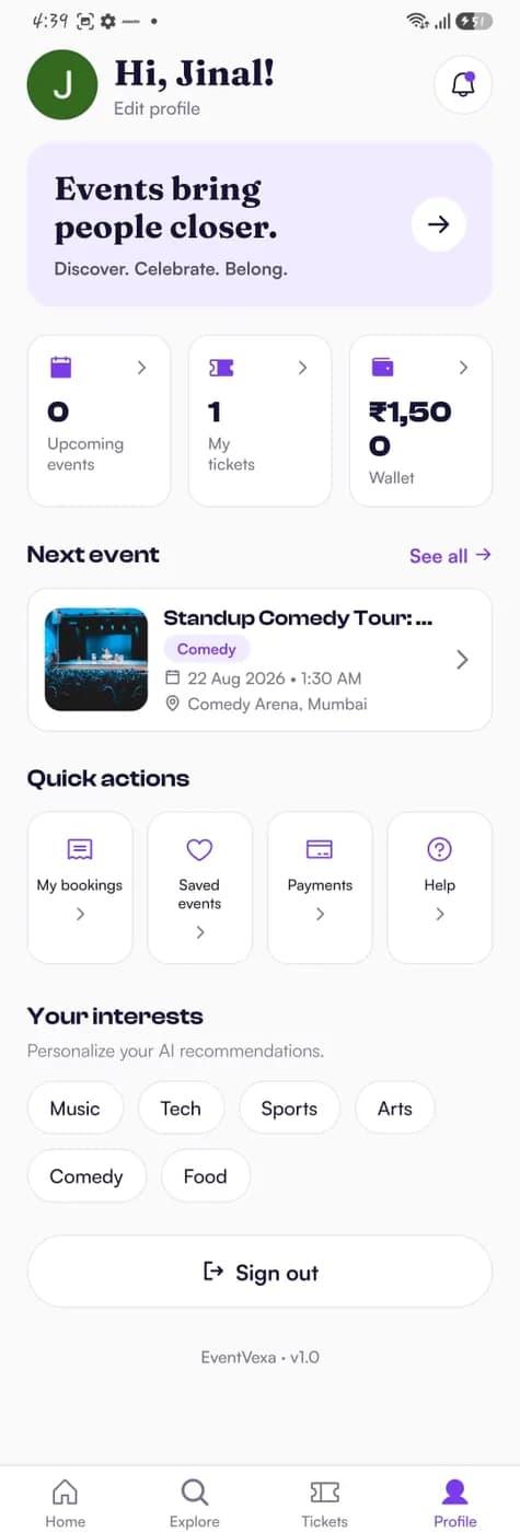 Profile screen with upcoming events, tickets, wallet, quick actions and interests