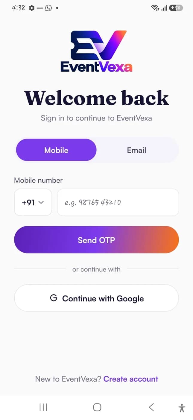 Sign-in screen with mobile OTP, email and Google options