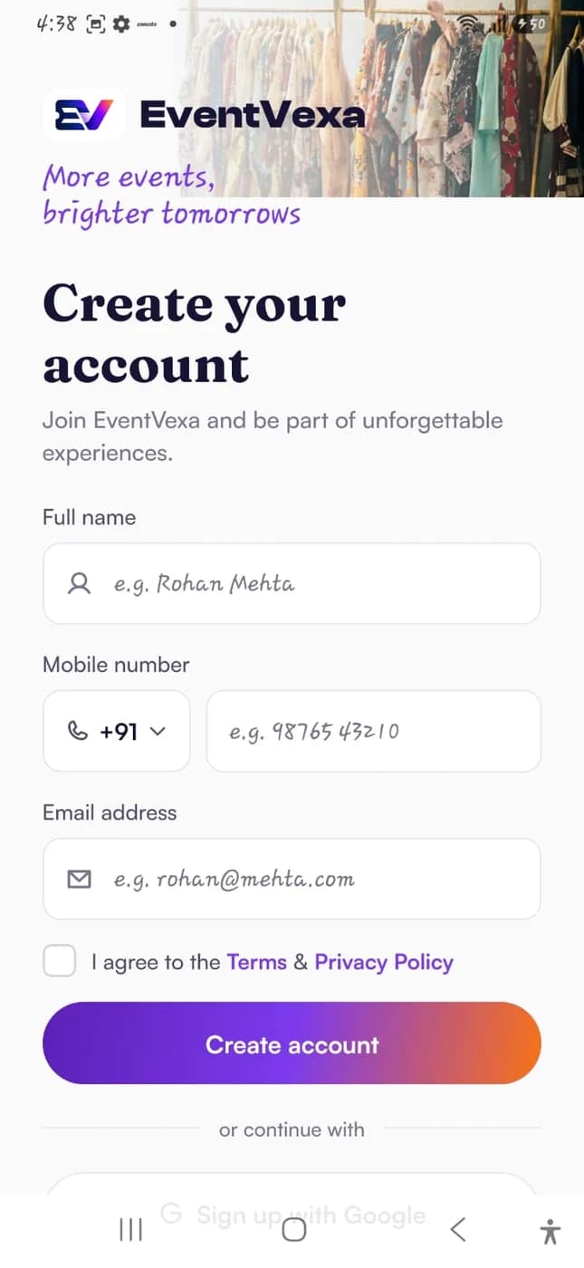 Create account screen with name, mobile number and email