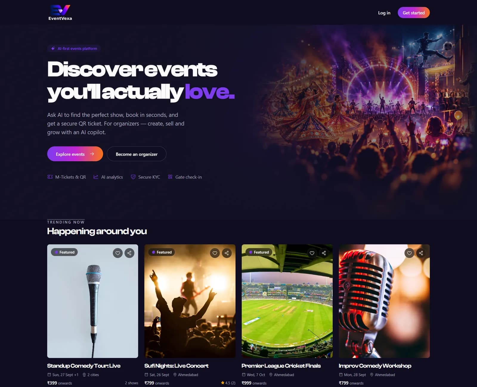 EventVexa public site: hero with Ask-AI search and trending events in Ahmedabad