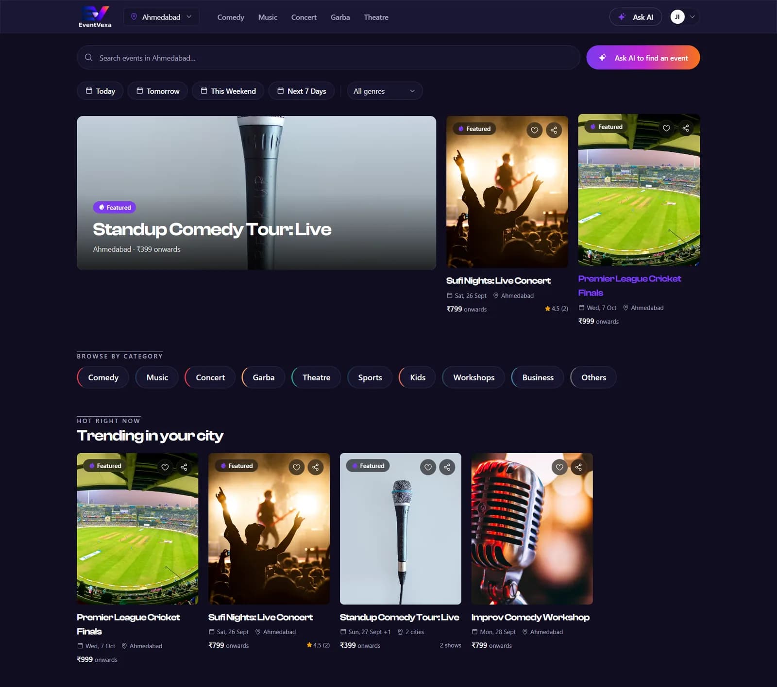 Event discovery page with city, date and genre filters and trending events