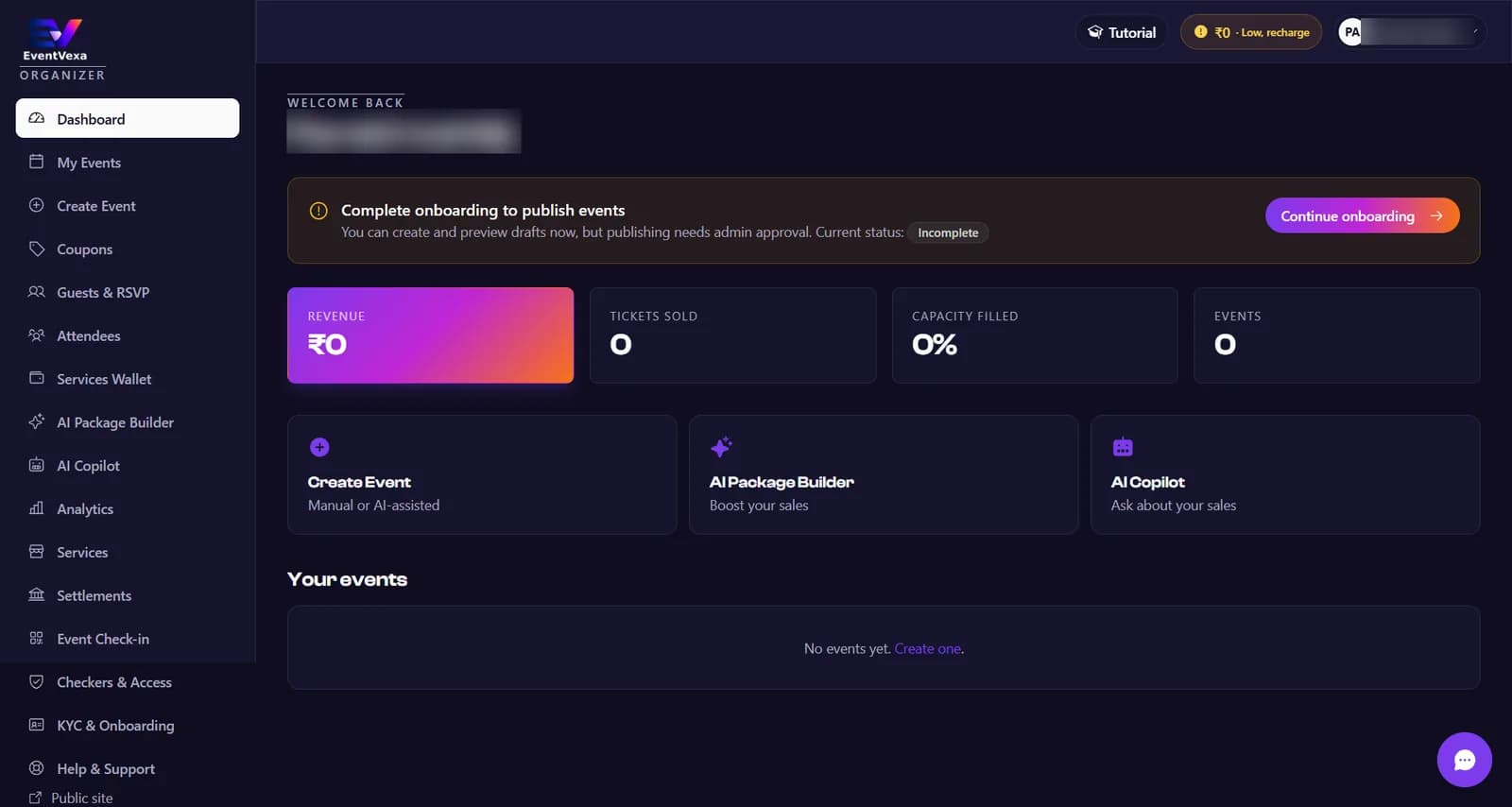 Organizer dashboard with revenue, tickets sold, capacity and quick actions