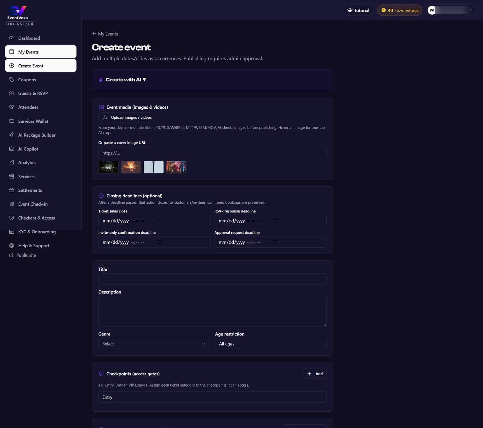 Create event form with media upload, deadlines, checkpoints, occurrences and ticket categories