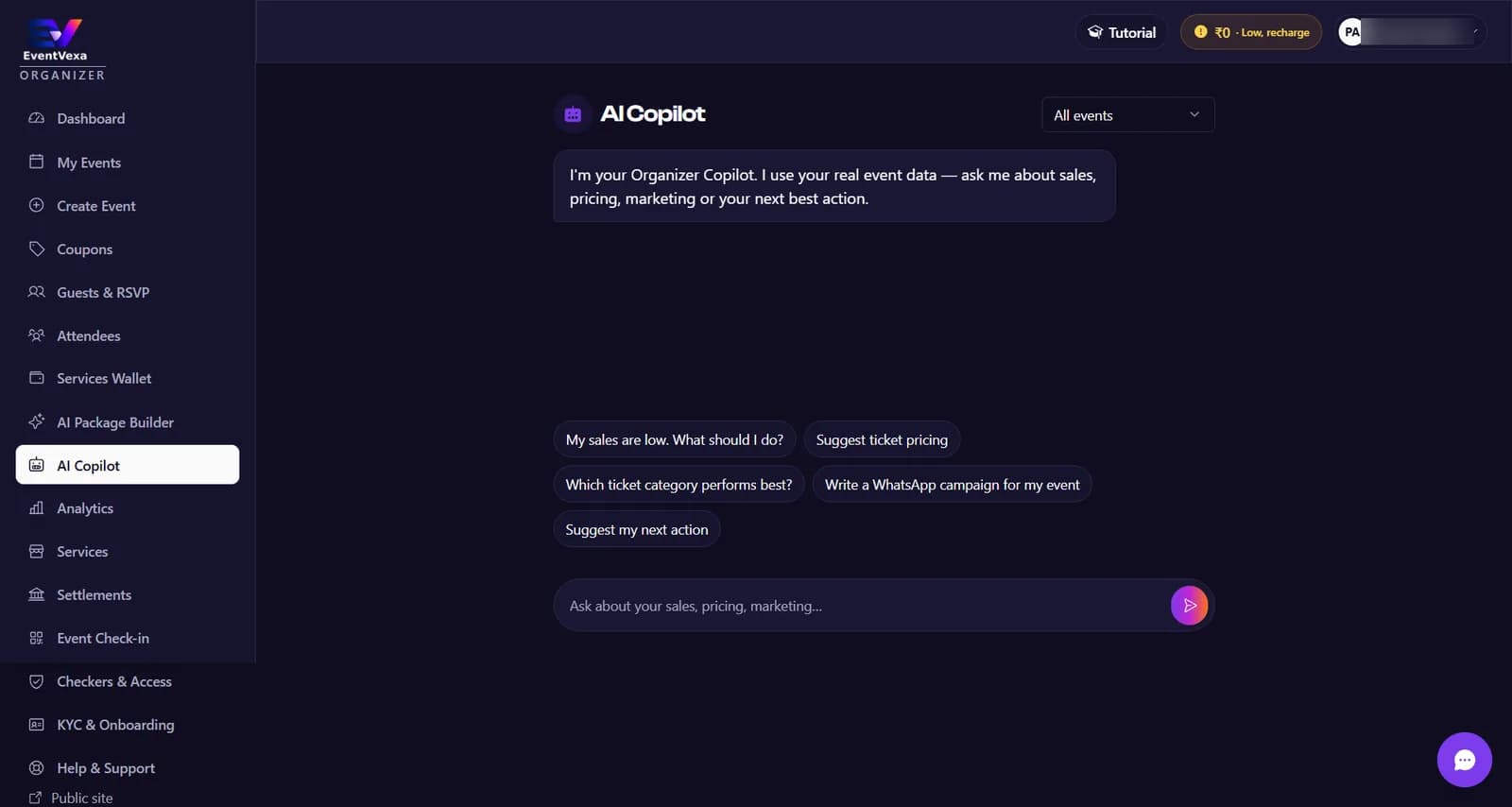 Organizer AI Copilot answering questions about sales, pricing and marketing