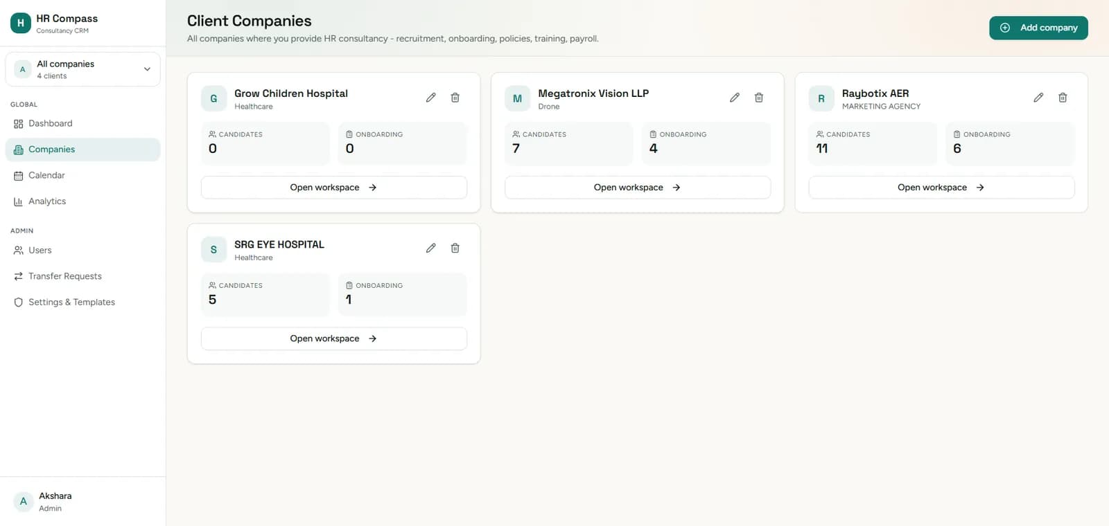 Client companies with candidate and onboarding counts per workspace