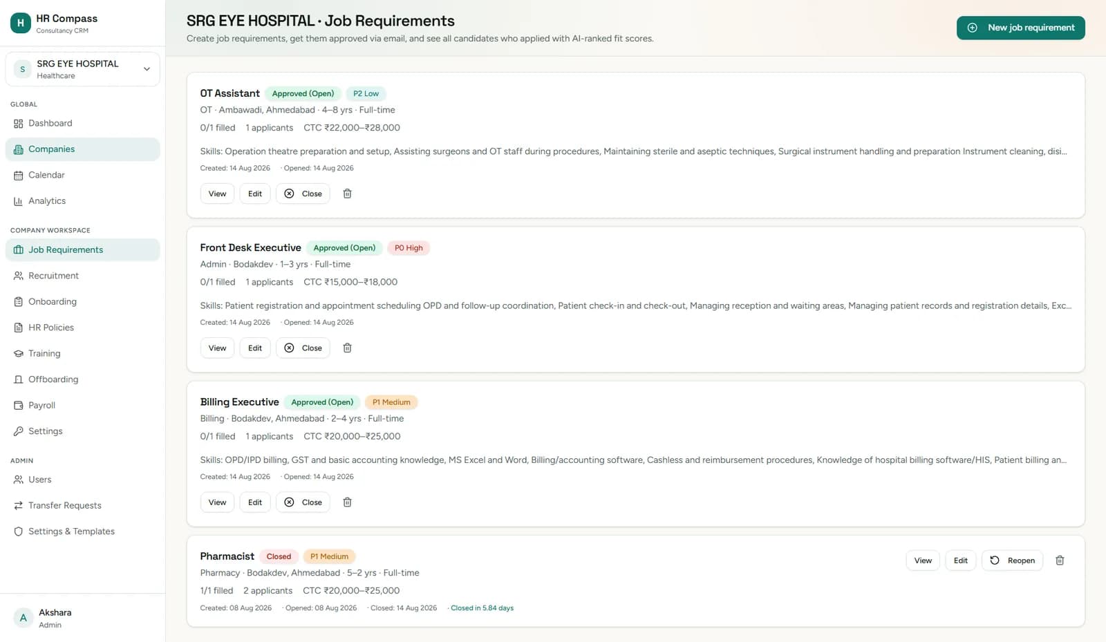 Job requirements for a client with approval status, priority, CTC and applicants