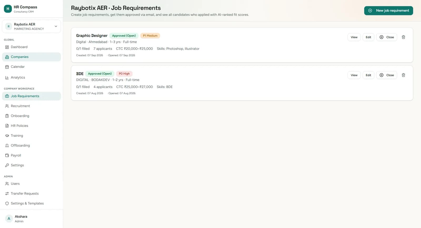 Company workspace navigation: recruitment, onboarding, policies, training, offboarding, payroll