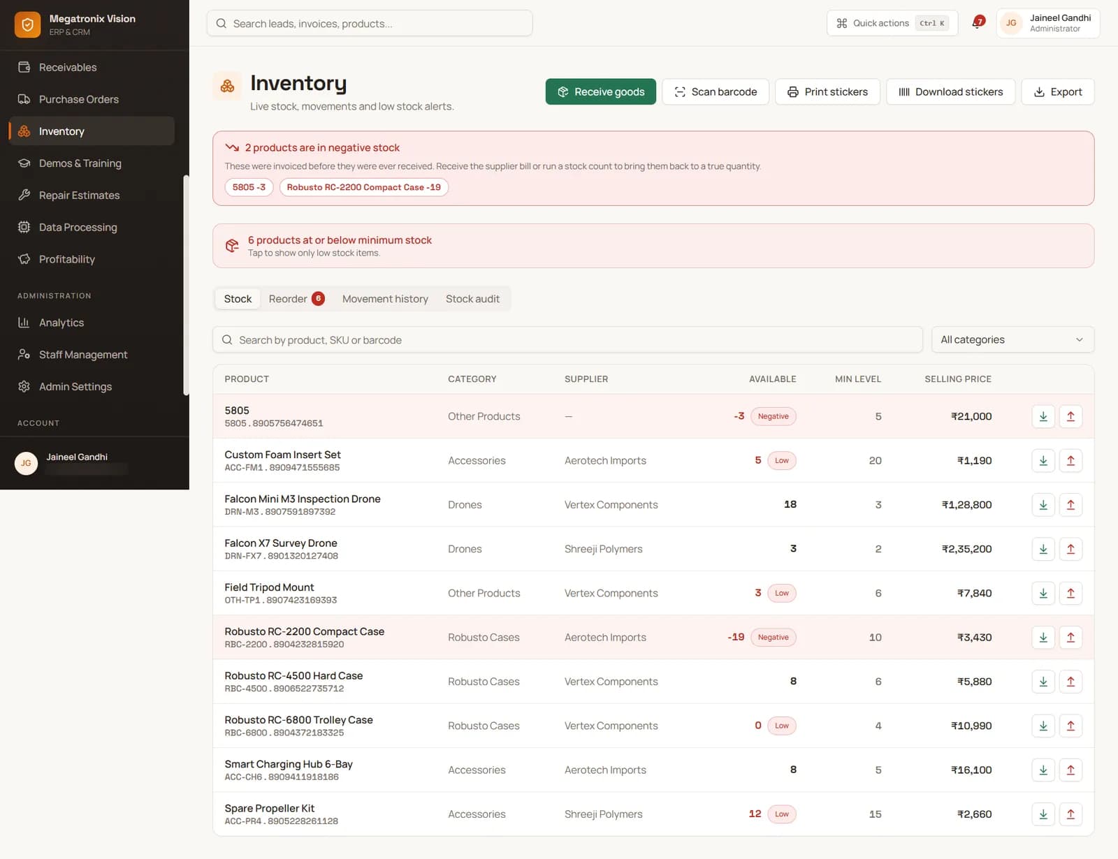 Inventory with barcode receiving, stock levels, low and negative stock alerts
