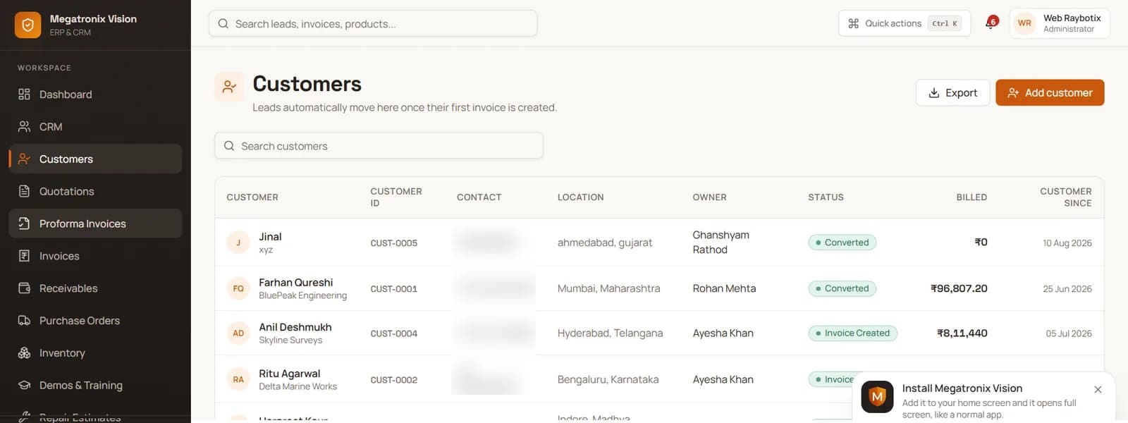 Customers list with status, owner and billed amount, plus install-app prompt