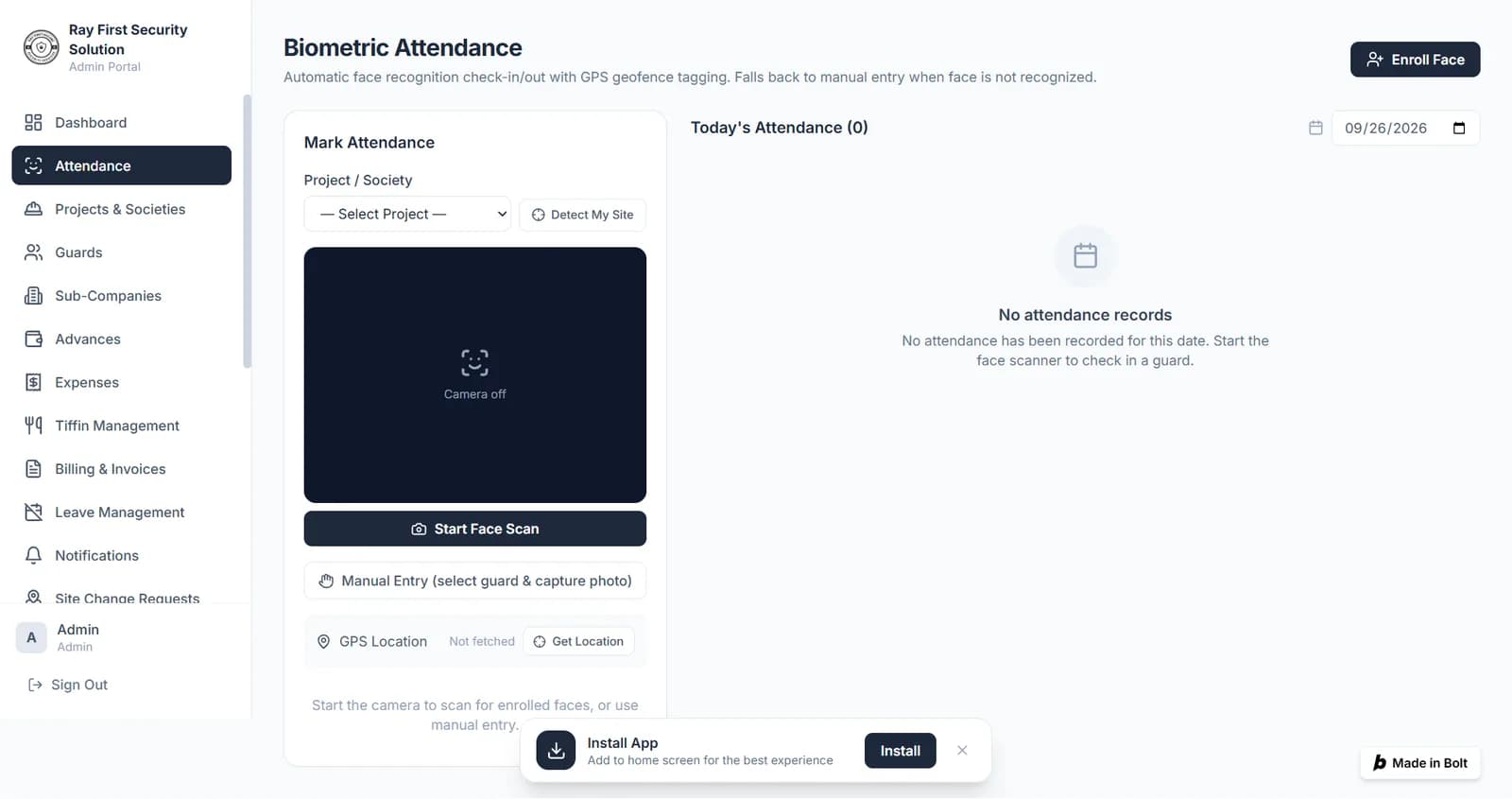 Biometric attendance with face scan, GPS geofence and manual entry fallback