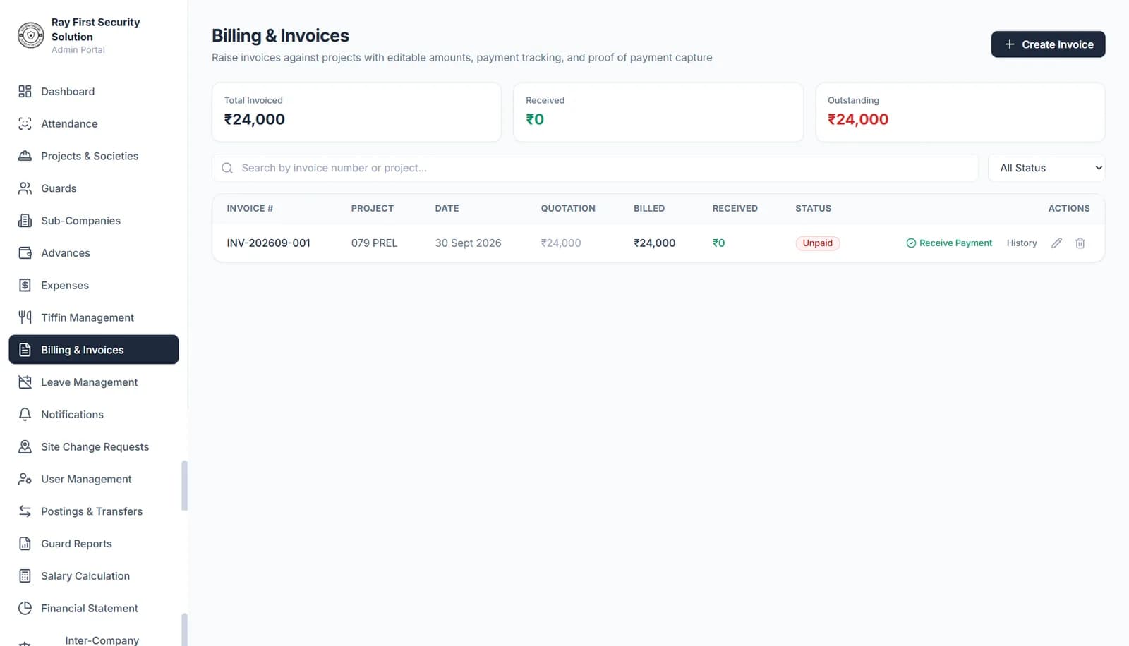Billing and invoices with quotation, billed, received and outstanding amounts