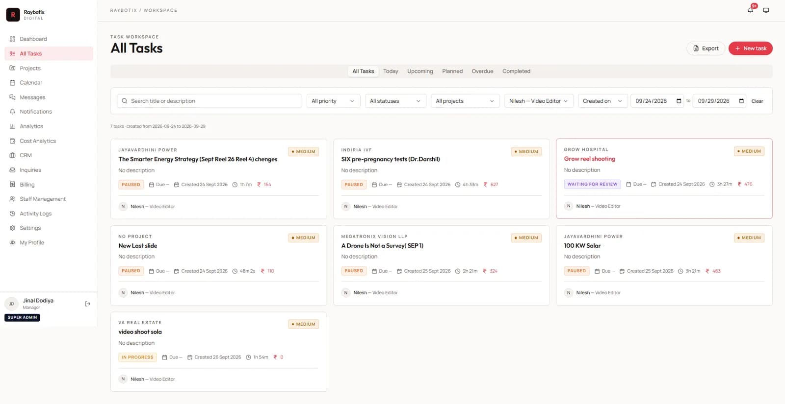 All tasks view with status, timers, cost per task and filters