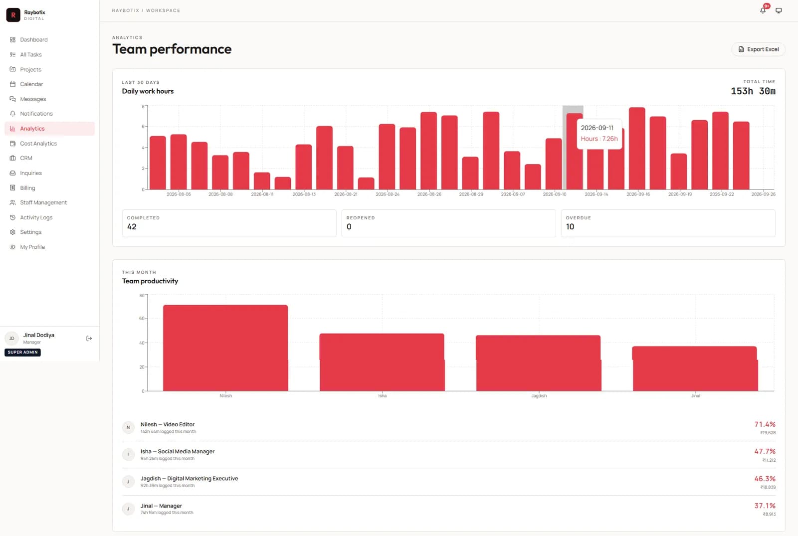 Team performance analytics: daily work hours and productivity per person