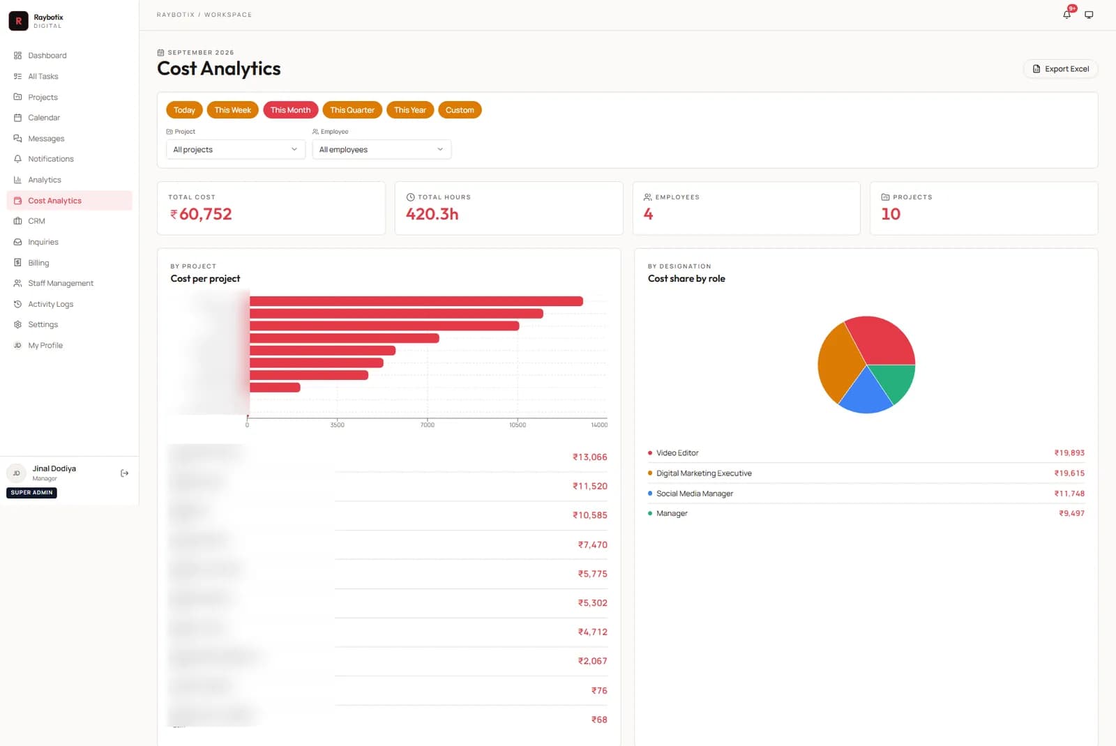 Cost analytics by project and by role