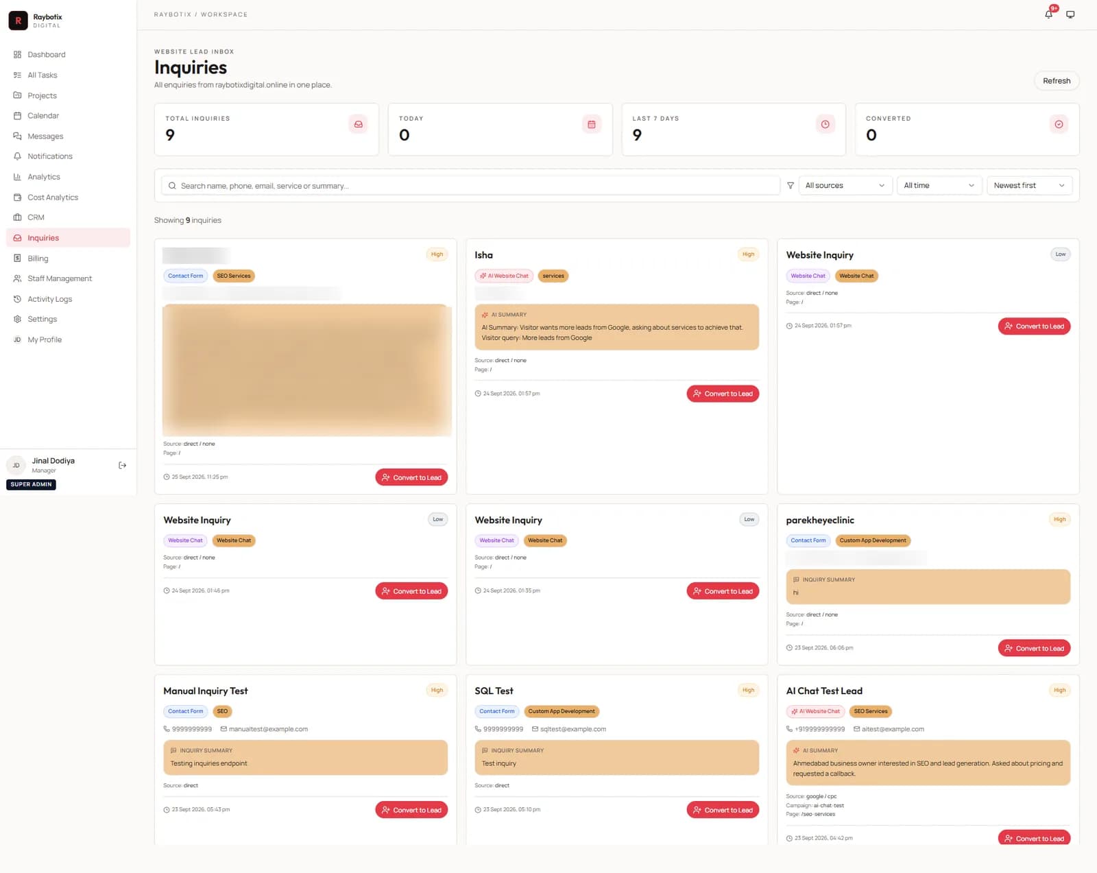 Website inquiry inbox with AI summaries and convert-to-lead