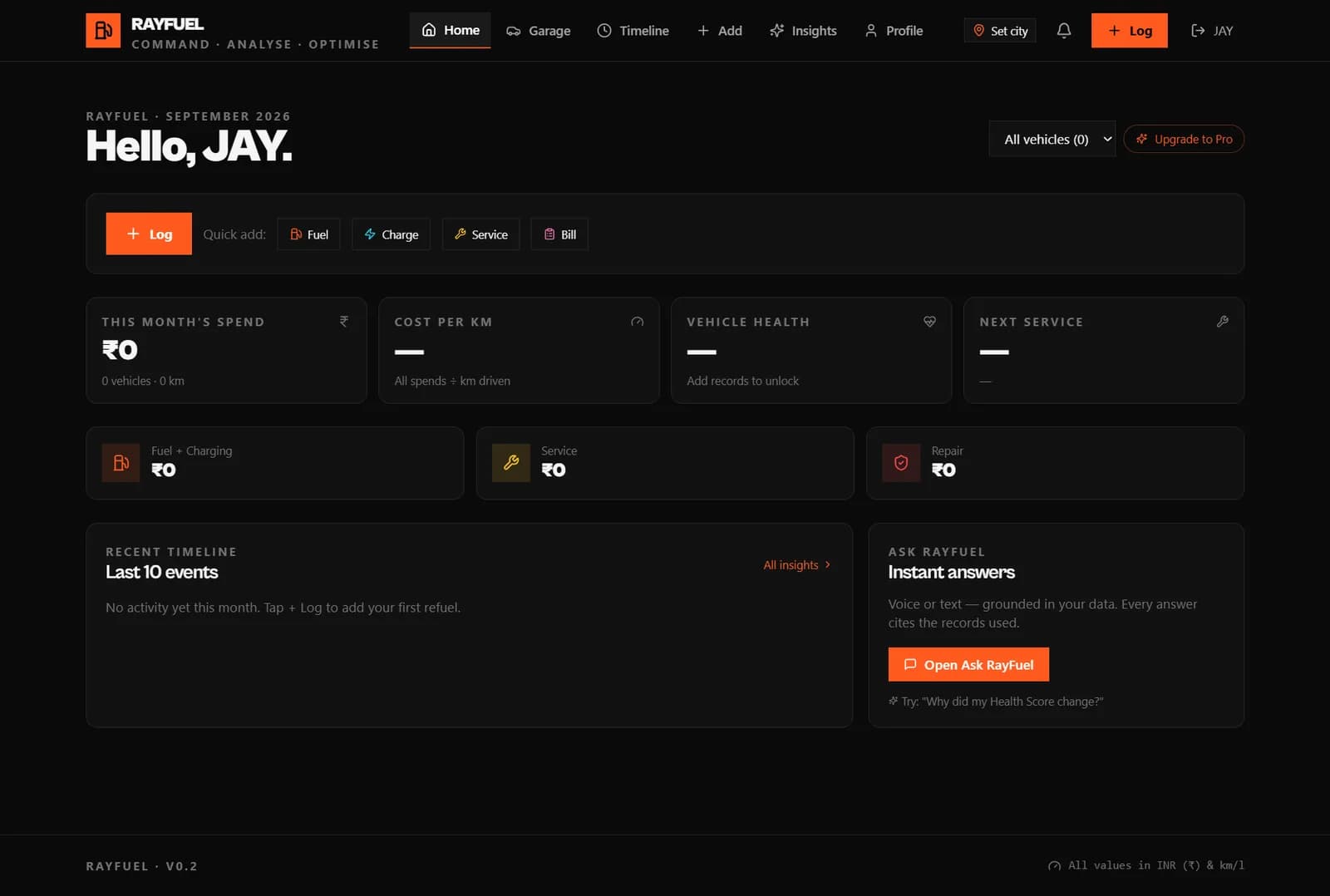 RayFuel home dashboard with monthly spend, cost per km, vehicle health and Ask RayFuel