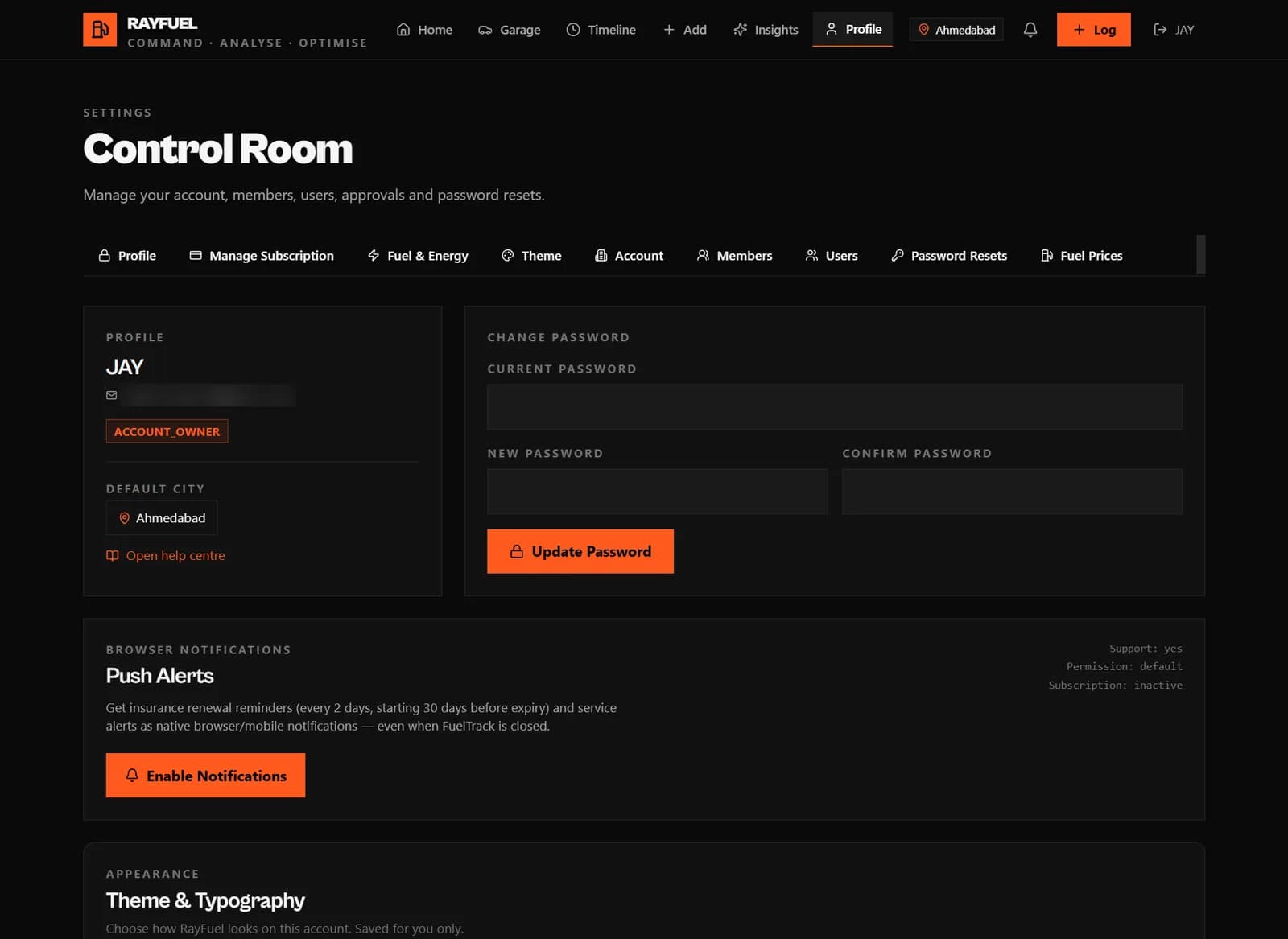 Control Room settings: profile, subscription, members, users, approvals, push alerts and theme