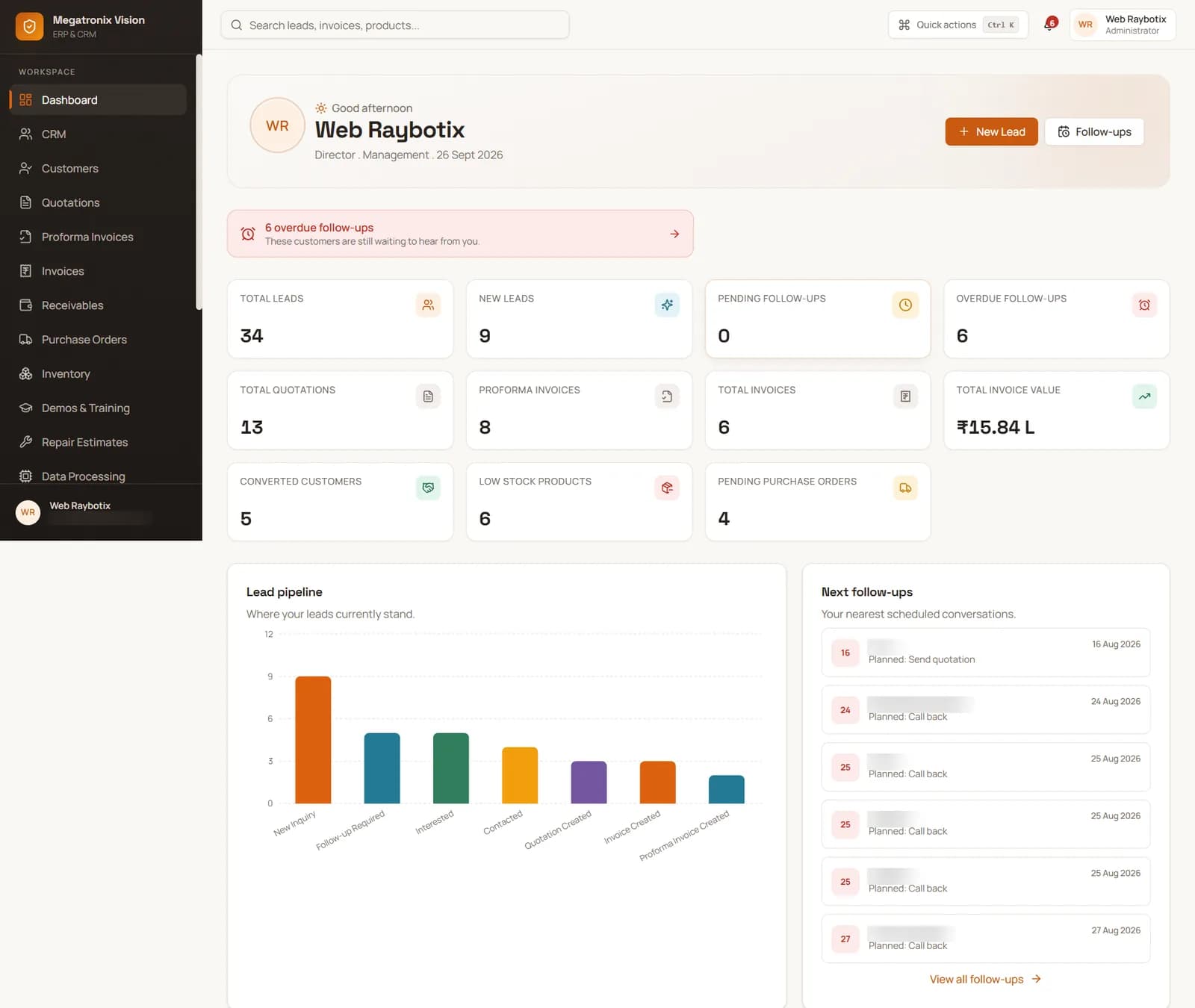 ERP dashboard with leads, follow-ups, quotations, invoices and lead pipeline chart
